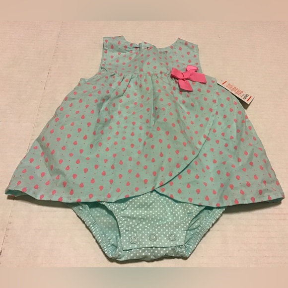 CARTERS JUST FOR YOU ONE PC SUN DRESS NWT SZ 12 MONTH GREEN PINK POLKA DOT - Picture 1 of 4